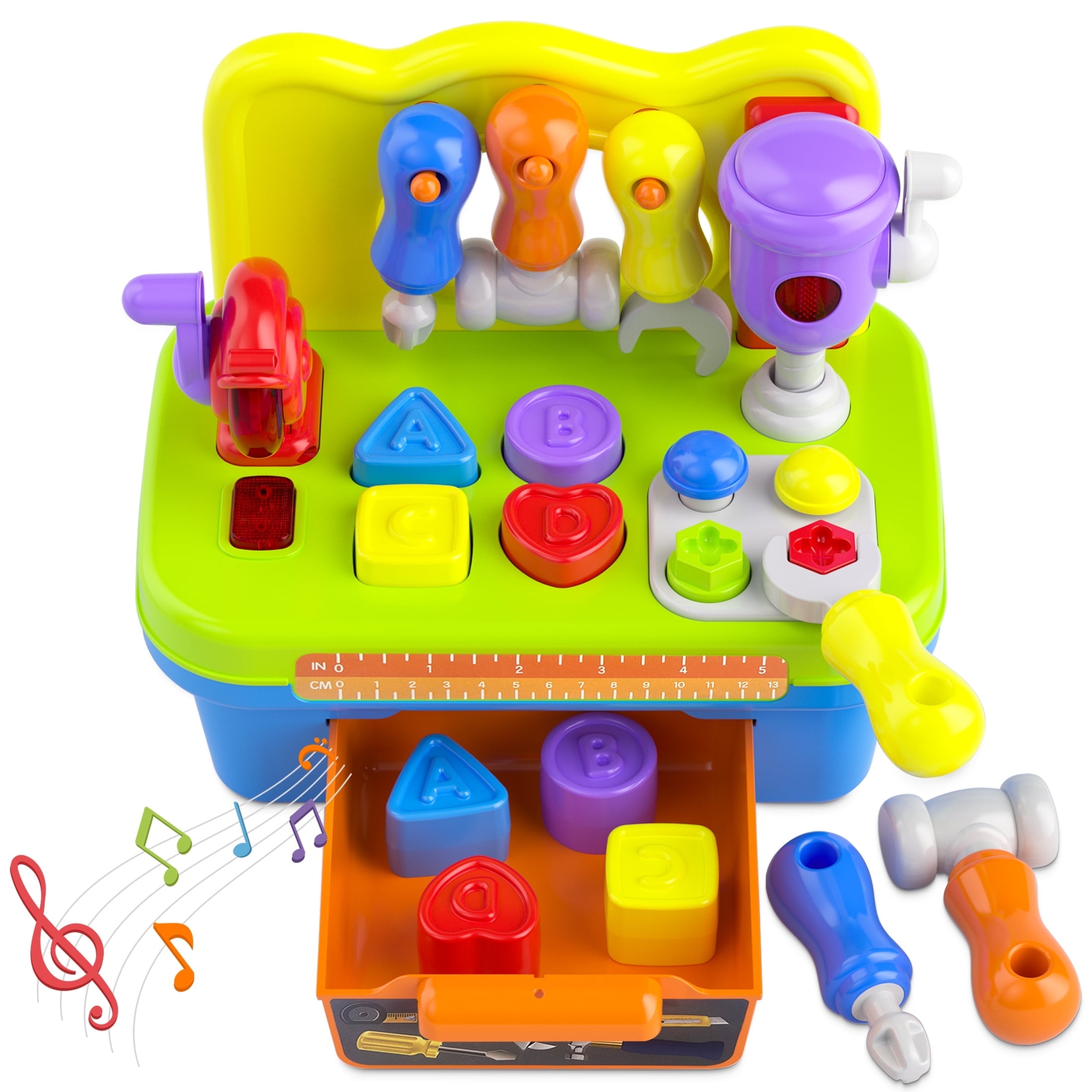 FUNWEE Multi-Function Musical Learning Workbench Toy for Boys Girls Kids, Construction Work Bench Building Tools Sound Lights 2+ Year Old Baby Children