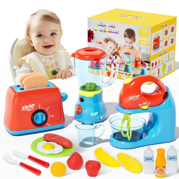 FUNWEE Pretend Play Kitchen Appliances Toy Set with Blender, Mixer and Toaster with Realistic Light and Sounds for Kids Boys Girls