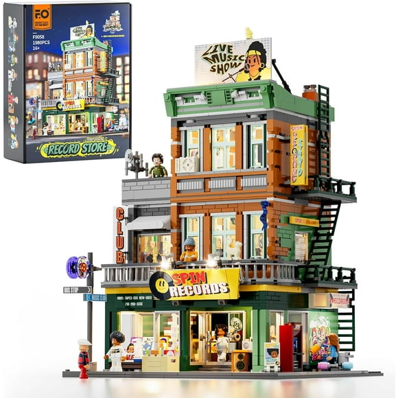 FUNWHOLE Record Store Lighting Building Bricks Set - Street Fusion City Town Audio Shop Multi-Form Modular Collection Kit 1980 Pcs for Adults & Teen & Music Lovers