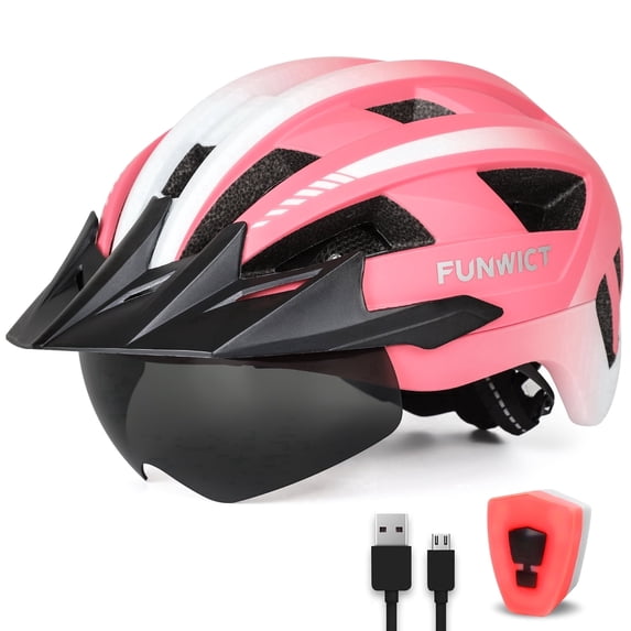 FUNWICT Adult Bike Helmet with Visor and Goggles for Men Women Mountain Road Bicycle Helmet Rechargeable Rear Light Cycling Helmet