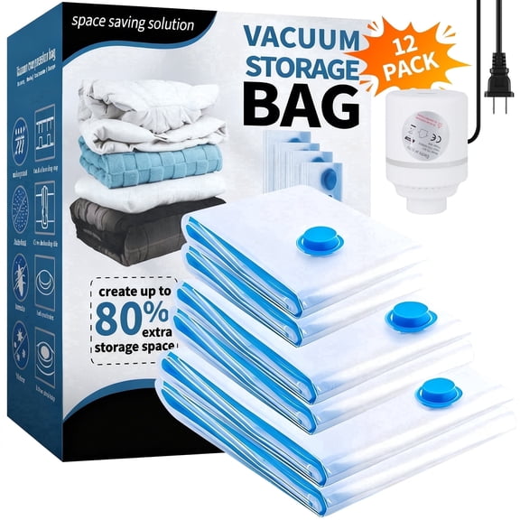 FUNXEE Vacuum Storage Bags 12 Pack with Electric Pump - Space Saver Travel & Seasonal Storage, Airtight Compression Bags for Clothes, Blankets, Bedding