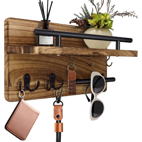 FUNXEE Woodern Wall Mounted Key Organizer with Mail Shelf and 5 Hooks, Rustic Home Decor, Brown
