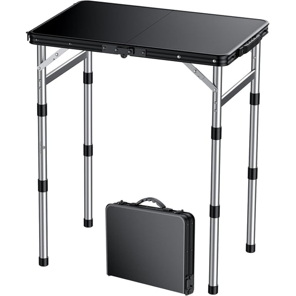 FUNYKICH Waterproof Folding Camping Table, 3 Height Adjustable Max 27.5'' | 22.8''x15.7'' Tabletop, Lightweight Plastic Small Foldable Table with Carry Handle, Portable for Picnic Beach Travel, Black