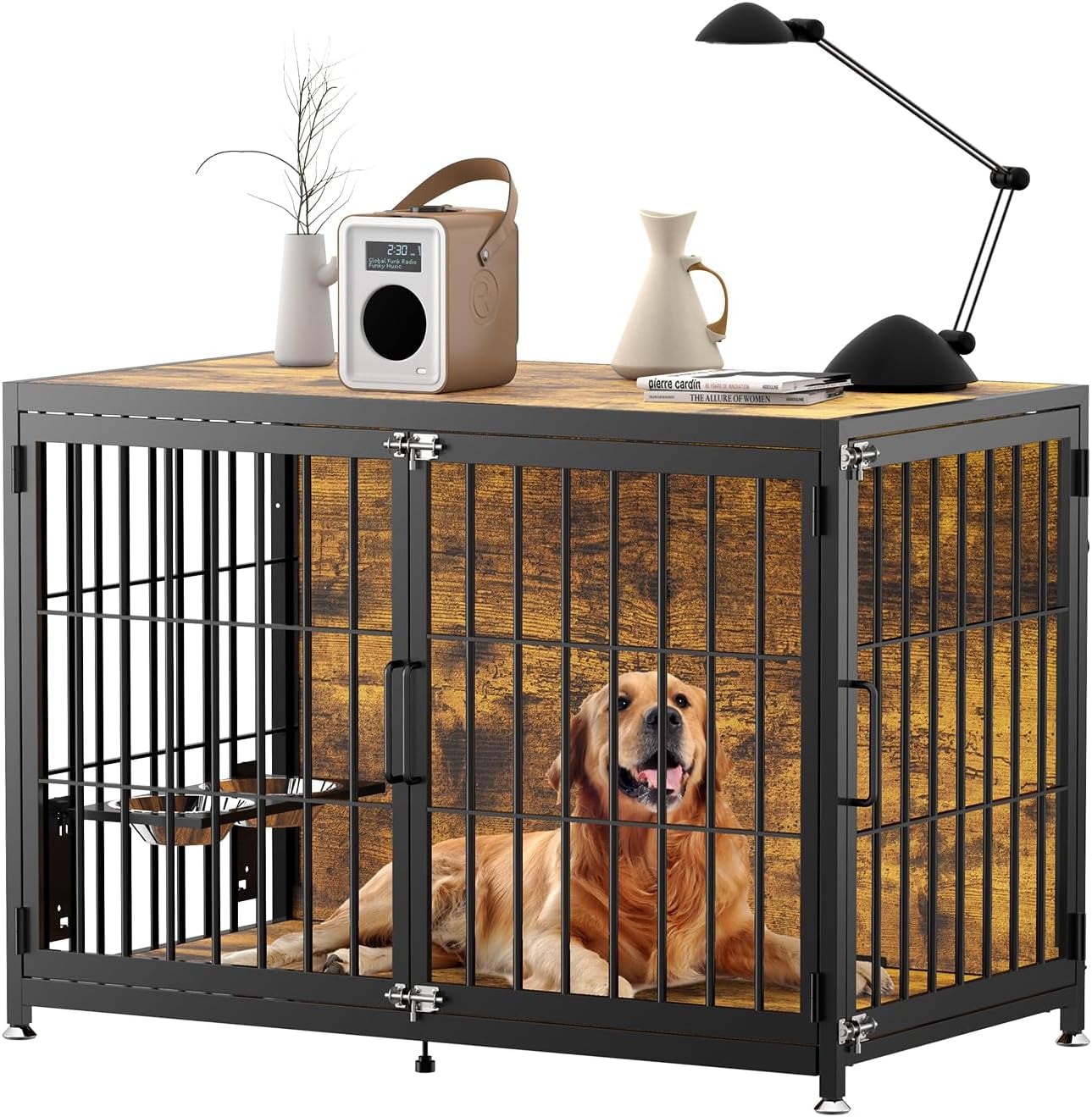 FUNZEAL 32 Inch Dog Crate Furniture with Bowls, No Screws Easy to