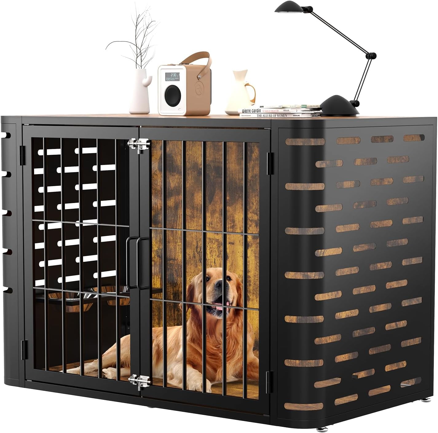 FUNZEAL Dog Crate Furniture 40 Inch No Screws Easy to Assemble Wooden Heavy Duty Large Dog Kennel End Table with 360 Adjustable Bowl for Large and