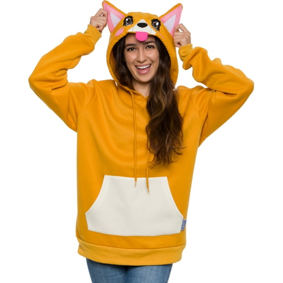 FUNZIEZ! Corgi Hoodie - Pembroke Sweatshirt - Novelty Dog Fleece (Tan, Small)