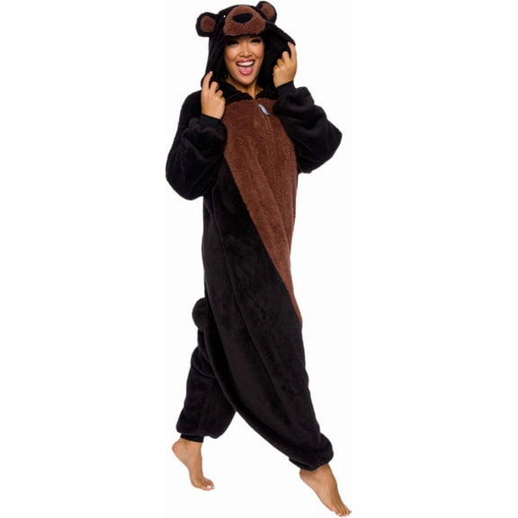 FUNZIEZ! High Pile Fleece Bear Adult Unisex Novelty Union Suit Costume for Halloween - Black Bear, Large