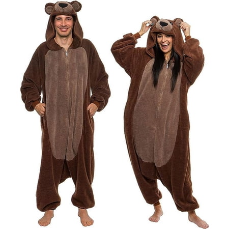 FUNZIEZ! High Pile Fleece Bear Adult Unisex Novelty Union Suit Costume for Halloween - Brown Bear, Large