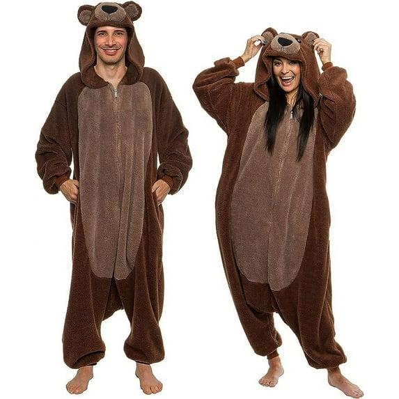 FUNZIEZ! High Pile Fleece Bear Adult Unisex Novelty Union Suit Costume for Halloween - Brown Bear, Medium