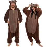 FUNZIEZ! High Pile Fleece Bear Adult Unisex Novelty Union Suit Costume for Halloween - Brown Bear, X-Large