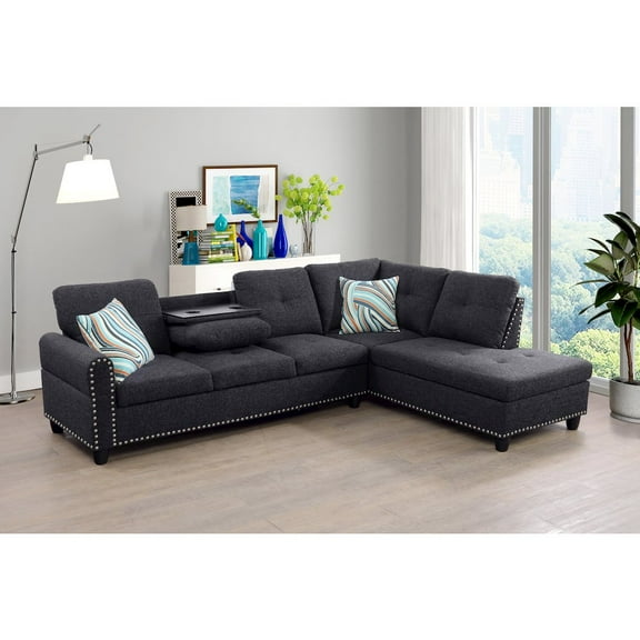 FUOROLA Sectional Sofa Set For Living Room In Right Facing Black Gray Color
