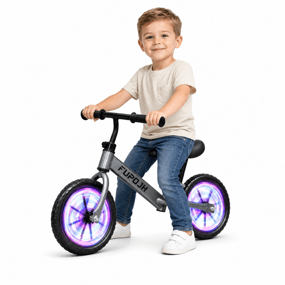 FUPOJH 12" Kids Balance Bike, No Pedal, Light-Up Wheels, Adjustable, for Toddlers 2-5,Gray