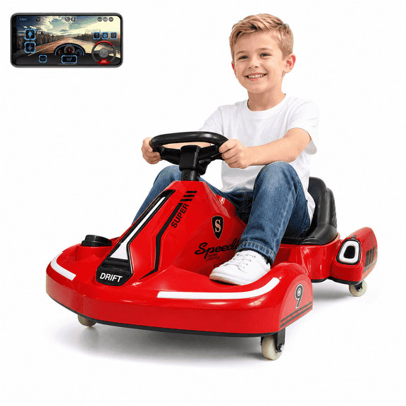 FUPOJH 12V Electric Drift Kart for Kids, 360° Spinning Ride on Car with Bluetooth Music, AUX,USB,4mph,No Remote Control Included,Red