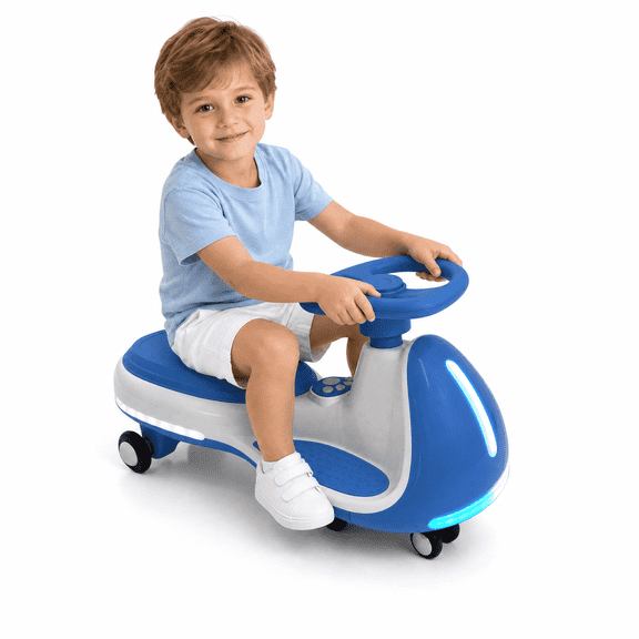 FUPOJH 12V Electric Wiggle Car, 2-in-1 Kids Ride-On Toy with Music, LED Wheels, 150 lbs Capacity for Ages 3+,Blue