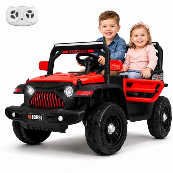 FUPOJH 12V Ride on Car,Electric Kids Jeep,Lockable Doors,Seatbelt,Bluetooth Music,Ages 1-6,Includes Remote Control,Red