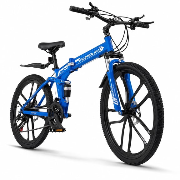 FUPOJH 26" Folding Mountain Bike for Men & Women, 21 Speed, Dual Disc Brakes, Dual Suspension,Blue