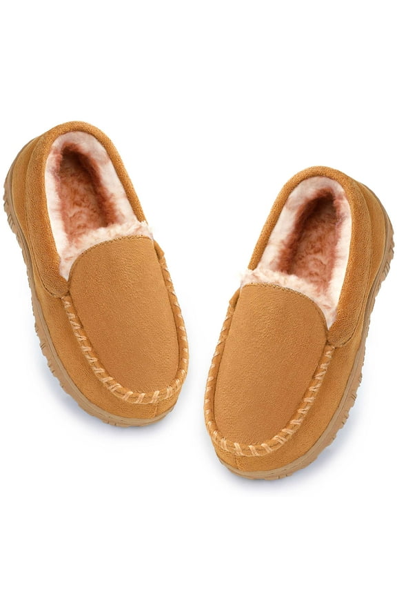FUPPIA Boy's Slippers Boys Moccasin Slippers Memory Foam Indoor Outdoor House Shoes Beige Big Kid 1