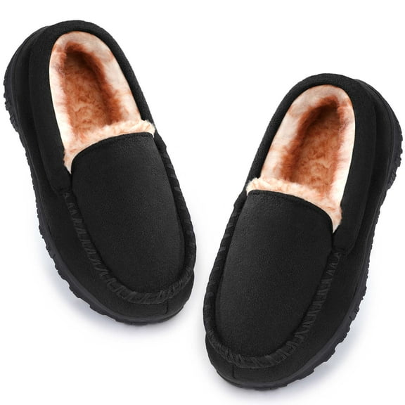 ​FUPPIA Boy's Slippers Boys Moccasin Slippers Memory Foam Indoor Outdoor House Shoes Black Big Kid 1