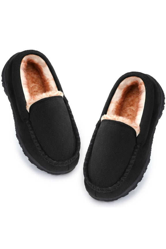 ​FUPPIA Boy's Slippers Boys Moccasin Slippers Memory Foam Indoor Outdoor House Shoes Black Big Kid 1