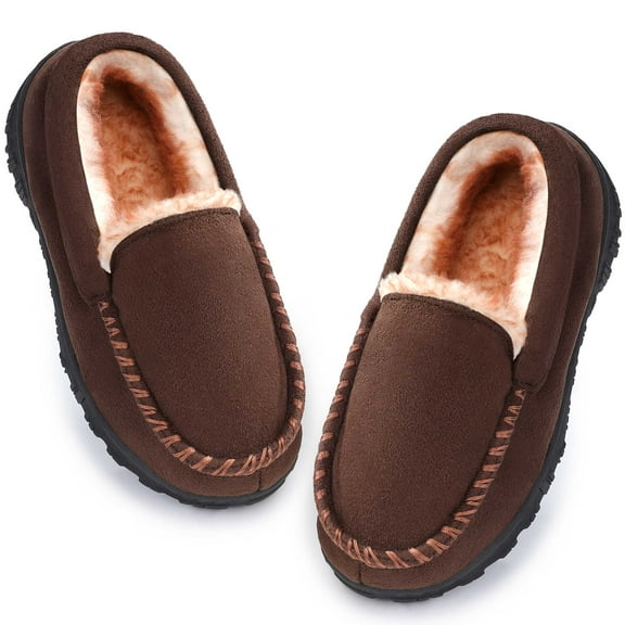 ​FUPPIA Boy's Slippers Boys Moccasin Slippers Memory Foam Indoor Outdoor House Shoes Brown Big Kid 1