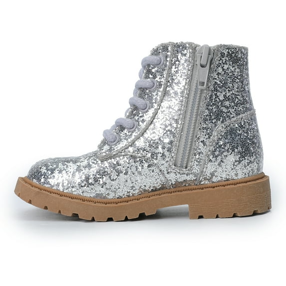FUPPIA Girls Glitter Ankle Boots Lace Up Combat Boots With Side Zipper Black 12 Little Kid