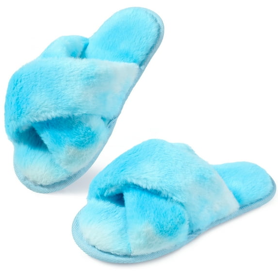 FUPPIA Girls Slippers Girls Cross Band House Slippers Tie Dye Plush Open Toe Bedroom Shoes Blue Little Kid 13