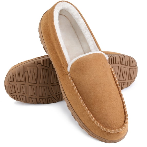 FUPPIA Mens Moccasin Slippers Indoor Outdoor Comfortable Warm Moccasins for Men with Non-Slip Rubber Sole Slip-on Shoes 12 Beige