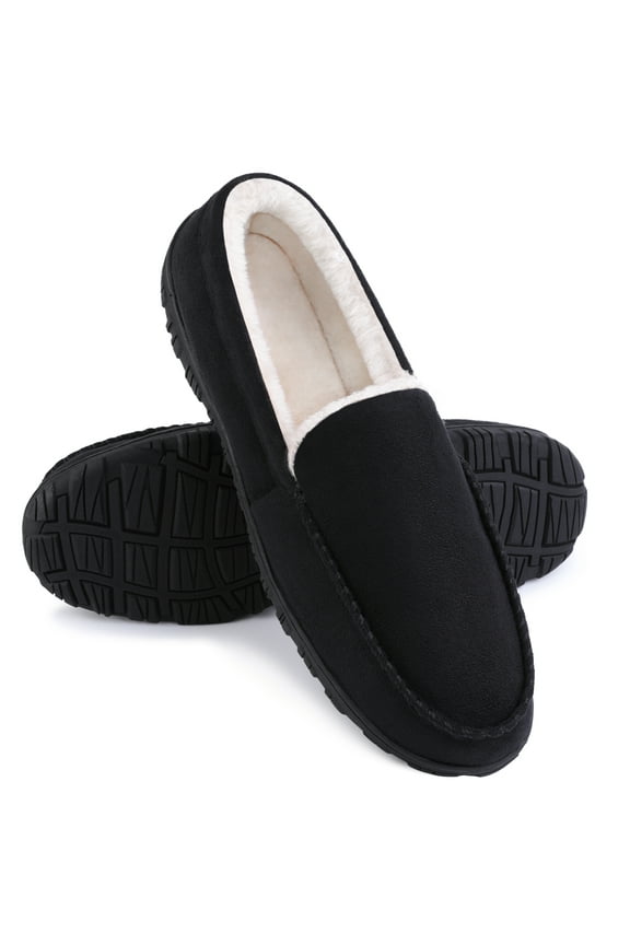 FUPPIA Mens Moccasin Slippers Indoor Outdoor Comfortable Warm Moccasins for Men with Non-Slip Rubber Sole Slip-on Shoes 12 Black