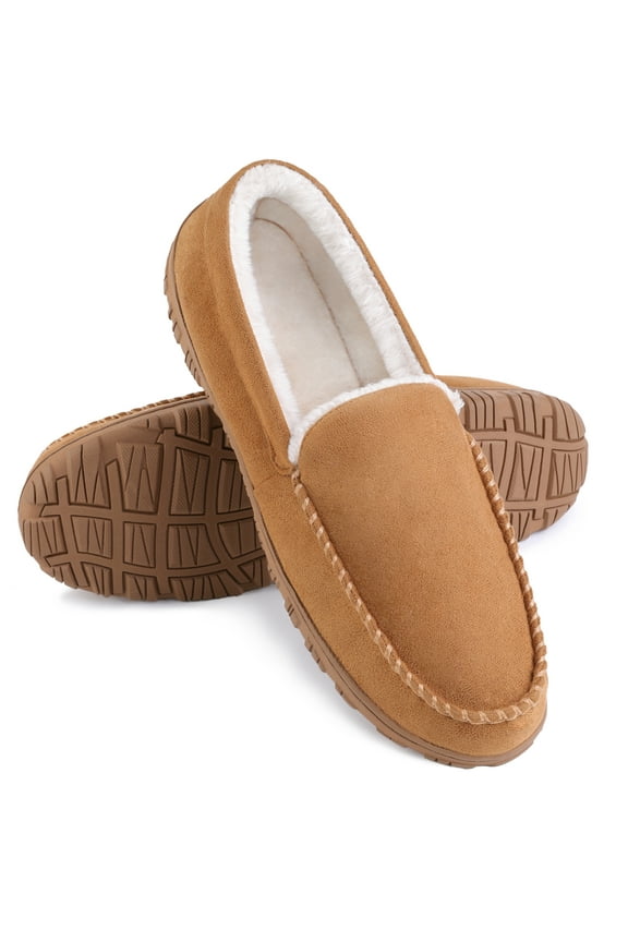 FUPPIA Mens Moccasin Slippers Indoor Outdoor Comfortable Warm Moccasins for Men with Non-Slip Rubber Sole Slip-on Shoes 13 Beige