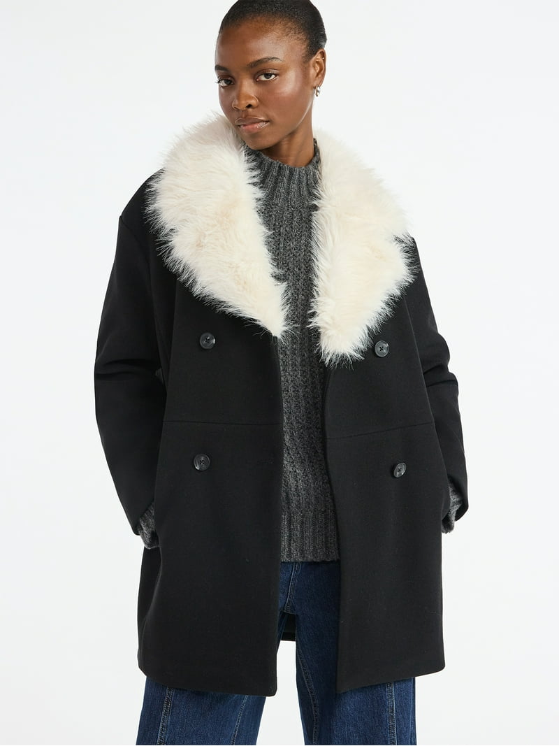 Scoop Women's and Women's Plus Oversized Faux Fur Collar Coat