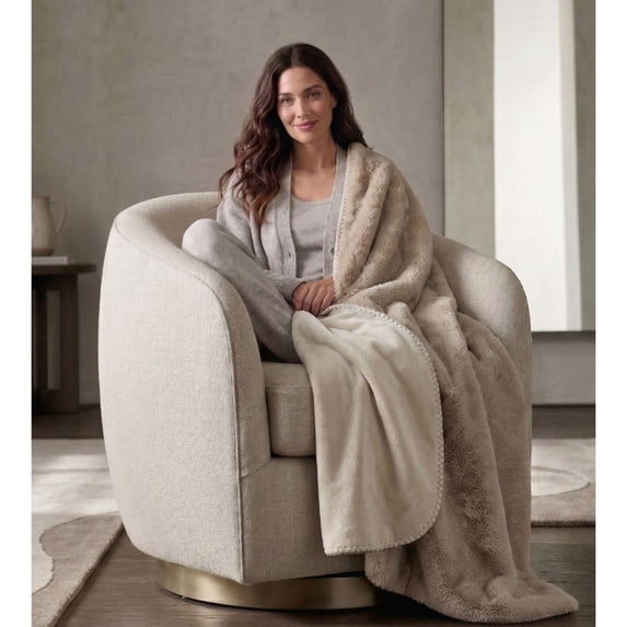 Cozy Haven Luxury Reversible Faux Fur to Plush Oversized Couch Throw Blanket, Beige, 50 x 72 in