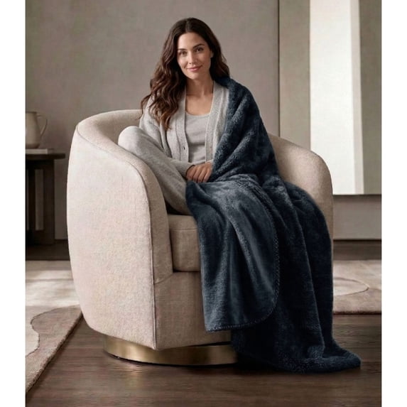 Cozy Haven Luxury Reversible Faux Fur to Plush Oversized Couch Throw Blanket, Blue, 50 x 72 in