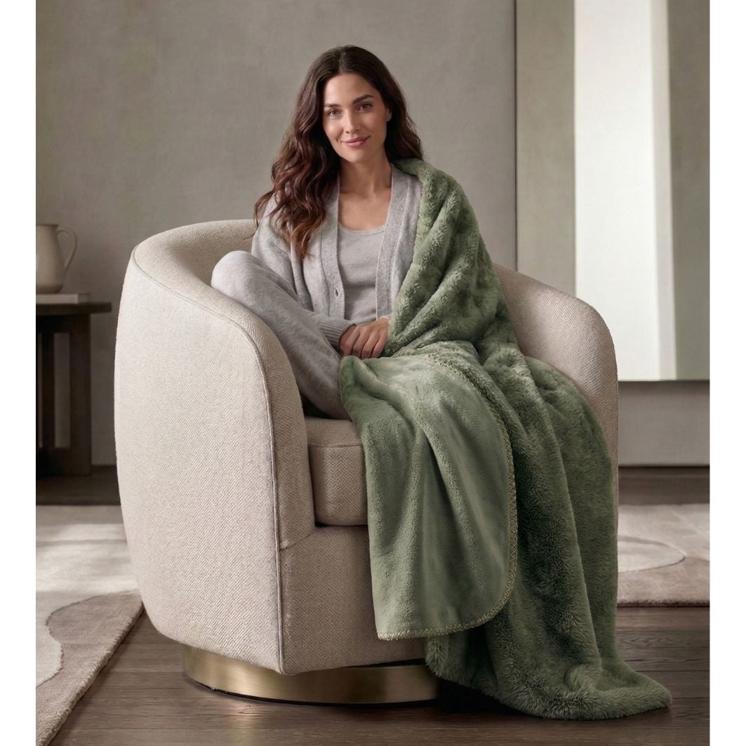 Cozy Haven Luxury Reversible Faux Fur to Plush Oversized Couch Throw Blanket, Green, 50 x 72 in
