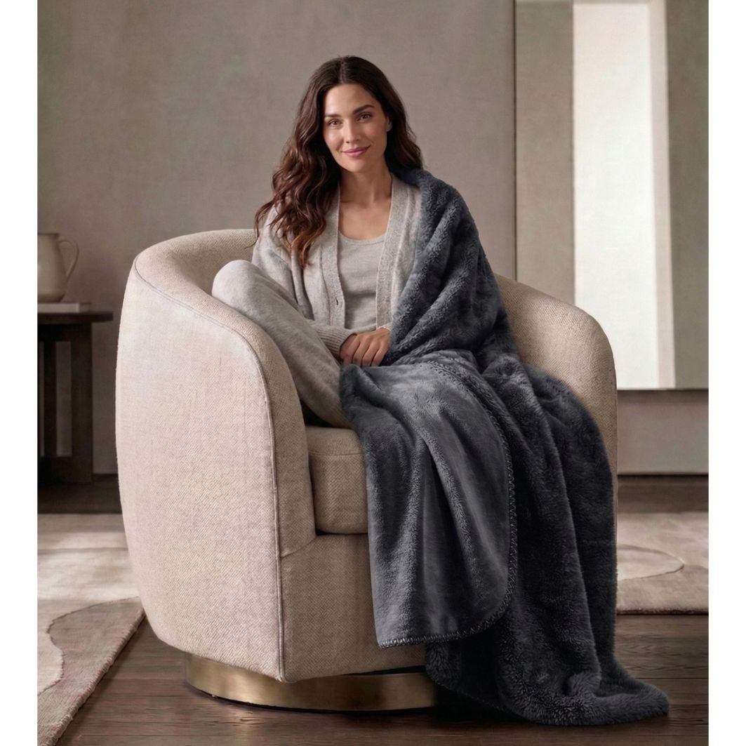 Cozy Haven Luxury Reversible Faux Fur to Plush Oversized Couch Throw Blanket, Grey, 50 x 72 in