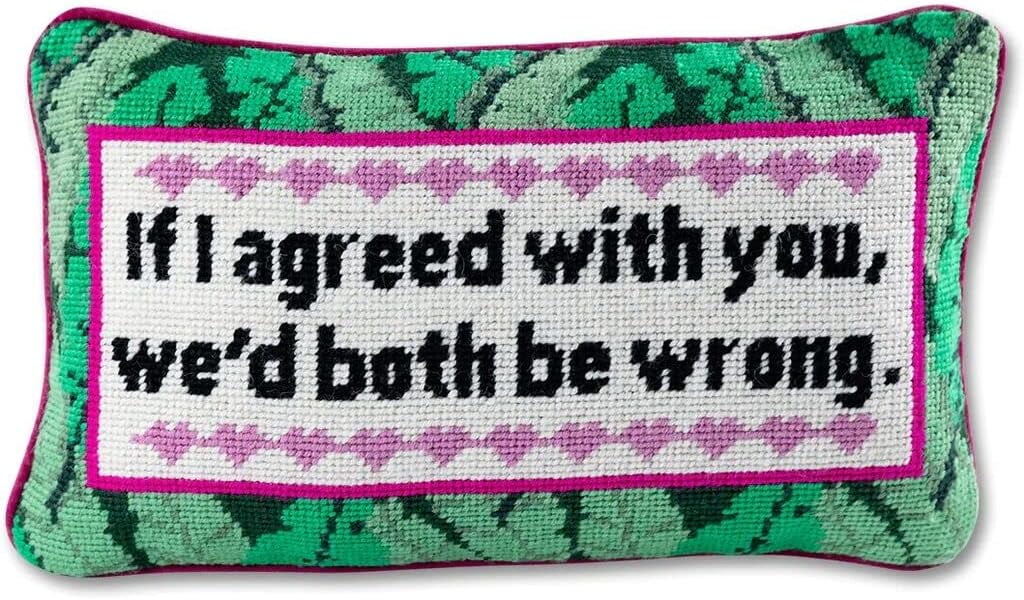 Small Embroidered Needlepoint Pillow with Magenta Velvet Back