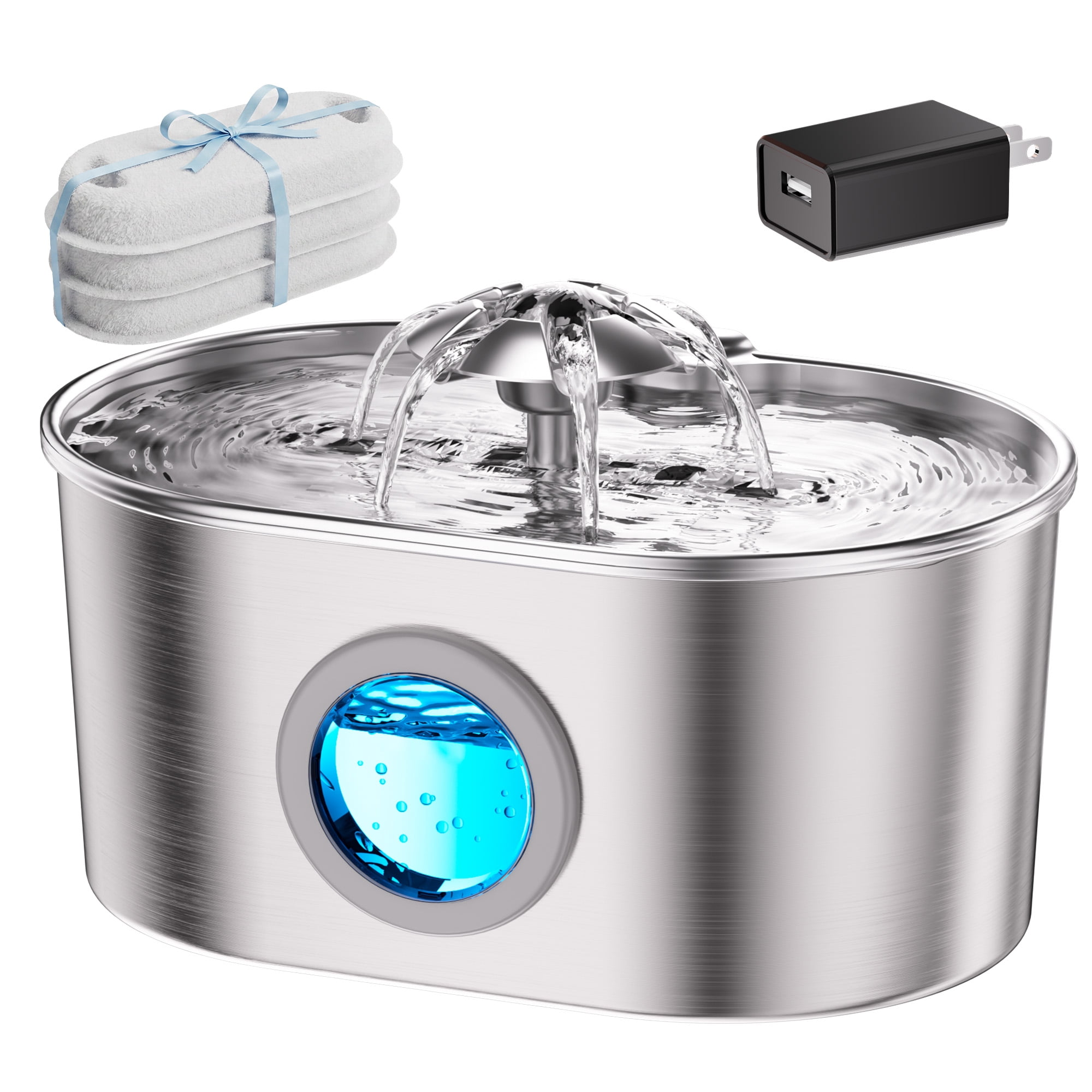 FURCLAN Cat Water Fountain, 74oz/2.2L, Stainless Steel, LED Light ...