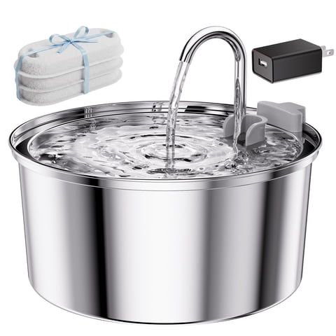 FURCLAN Cat Water Fountain Stainless Steel, 3 Filters, 108oz/3.2L Dishwasher Safe Pet Water Fountain for Multi-Pet Homes, Silver