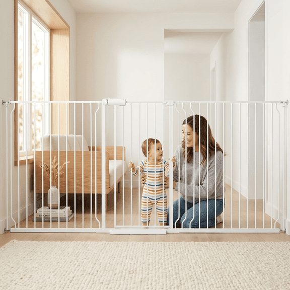 FURDEAR 84.9-94.9" Extra Wide Baby Safety Gate Walk Thru White Metal Gate