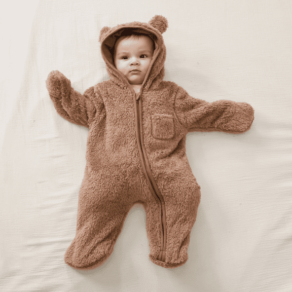FURDEAR Newborn Baby Bear Fleece Romper with Fold-Over Mittens & Footies Girls Boys Brown