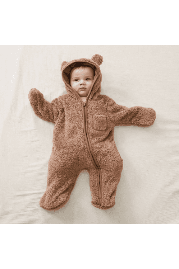 Newborn Baby Bear Fleece Romper with Fold-Over Mittens & Footies Girls Boys Brown