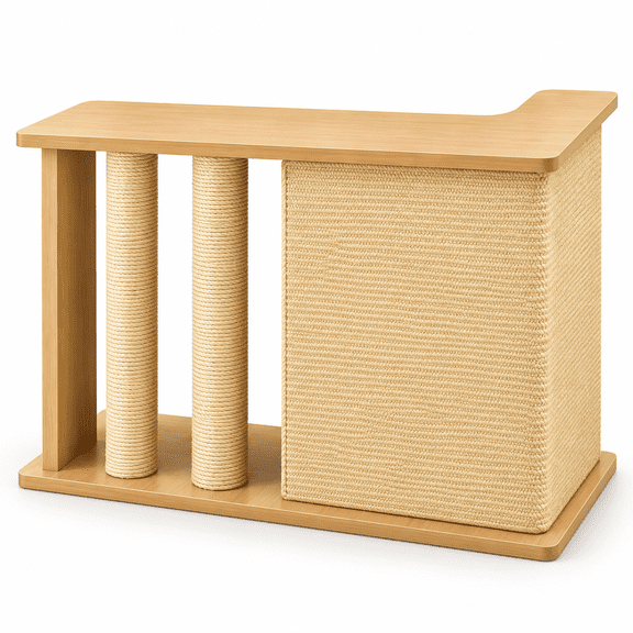 FURDEAR Sofa Arm Cat Scratcher Side Table with 2 Sisal Posts, Beige
