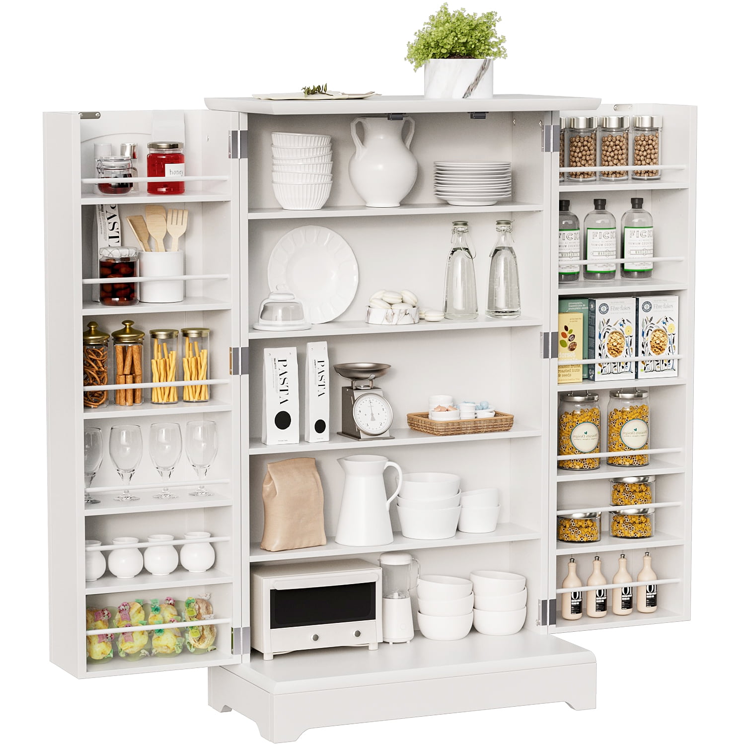 Homfa Kitchen Food Pantry Cabinet, 63.5'' Tall Storage Cabinet with Frosted  Glass Doors and Adjustable Shelves, White