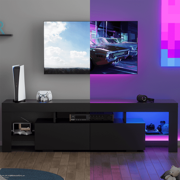 FURMAX TV Stand with LED RGB Lights Flat Screen TV Cabinet Black
