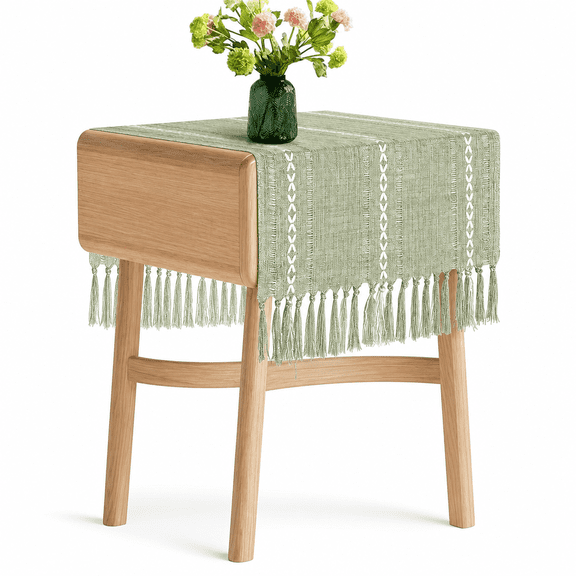 FURMORA 2026 New Boho Short Table Runner 15.7 X 36 Inches, Spring Sage Green Coffee Tablecloth, Wide Green Tabletop Doily, Nightstand Dresser Flag Scarf, Bedside Table, Rustic Farmhouse Home Decor