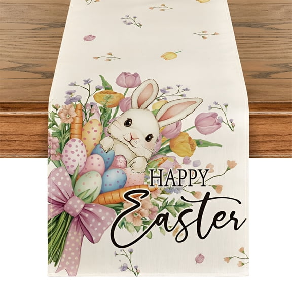 FURMORA 2026 New Bunny Rabbit Flower Egg Happy Easter Table Runner,Seasonal Spring Kitchen Dining Table Decoration for Home Party Decor for Dining Table,Kitchen,Buffet,Sideboard