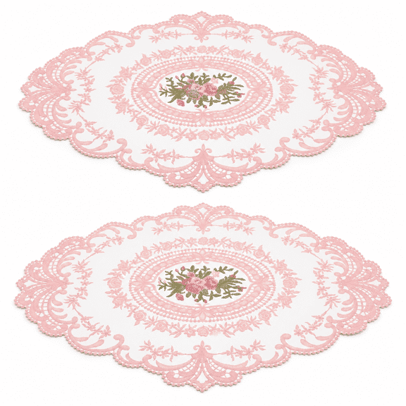 FURMORA 2pcs Lace Doilies Milk Silk Embroidered Table Placemats Heat Resistant Table Mats Placemats Table Topper for Wedding Birthday Dinner Party Decor 16 x 11'' Pink