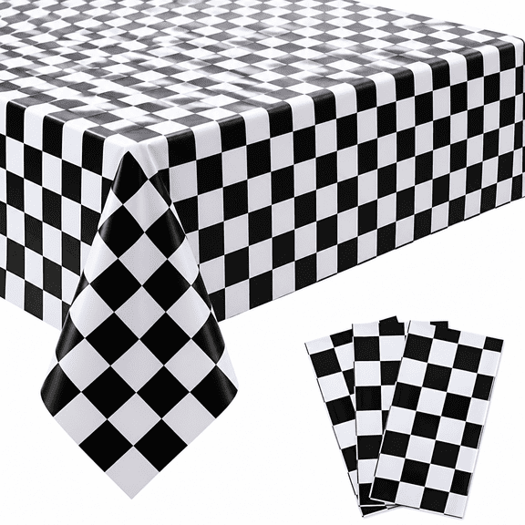 FURMORA 3 Packs Black And White Checkered Tablecloths 54 X 108 in Disposable Plastic Checkered Flag Racing Table Cover Waterproof Rectangle Race Car Table Cloth for Picnic Party Retro Celebration