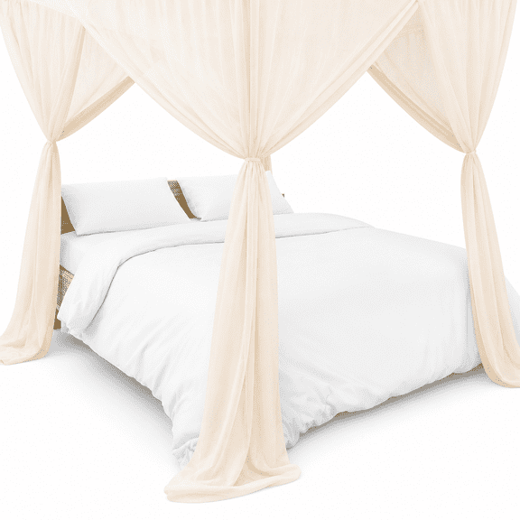 FURMORA 4 Corner Post Canopy Bed Curtain Bed Drape Hanging Bed Valance Netting for Women Beige