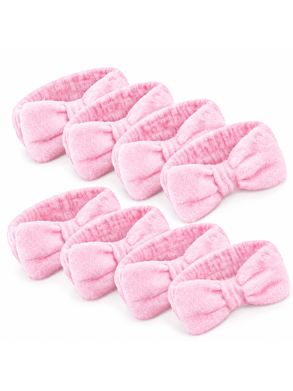 8 Pack Spa Headbands for Washing Face - Pink Terry Cloth Skincare Bands for Women & Girls. Soft Microfiber Bow Headbands for Makeup & Face Wash.