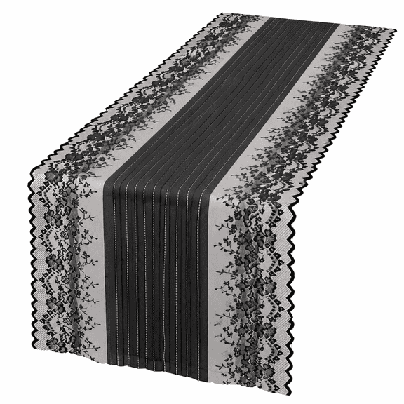 FURMORA Black Lace Table Runner,17.7x47.2inch Floral Embroidered Black Runner for End Table Coffee Table Buffet,Black Lace Doilies Dresser Runner Scarf,Black Table Decoration